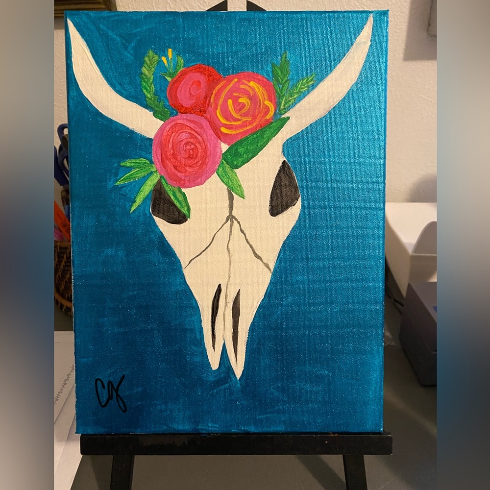 ⭐️5/$20. 8x10 canvas acrylic cow skull painting
